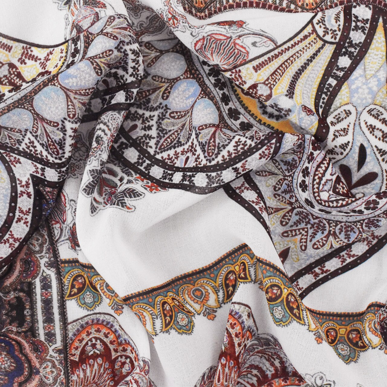 Red-Multi Famous Designer Viscose Paisley Border Printed Chiffon Fabric By the Yard